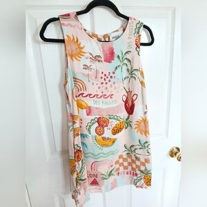 Paper Heart Linen Blend Mini Dress  SMALL Summer Pink Fruit Watercolor Resort